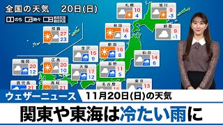 11月19日(土)の天気　関東や東海は冷たい雨　日差し届く所もにわか雨注意