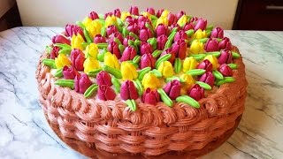 Торт "Корзина Тюльпанов" / Cake "Basket Tulips" / Праздничный Торт / Пошаговый Рецепт МК