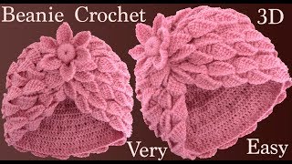 Gorro a Crochet con trenzas de hojas y flor 3D en punto tunecino tejido tallermanualperu