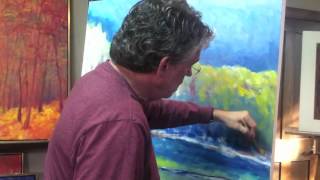 Ken Elliott creating Yellows Across the Lake, oil on canvas 40 x 40 inches