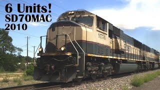 Six BNSF SD70MAC diesels lead a freight, including the 9647 (May 2010)