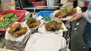 Hong Kong Street Food. Making  a Fried Oysters Cake. Seen in Kowloon