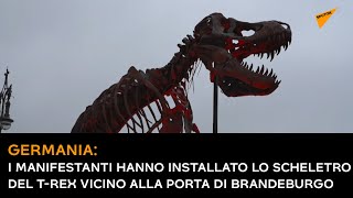 Germania, lo scheletro del T-Rex vicino alla Porta di Brandeburgo a sostegno della cultura