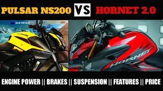 Honda Hornet 2.0 vs Bajaj Pulsar NS200 |Comparison | Engine | Brakes | Suspension | Features | Price