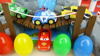 Car toys surprise eggs and Poli cars road play