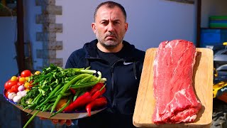 FRYING A BIG CHUNK of MEAT on a FRYING PAN