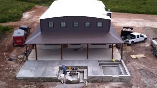 Patio with built in fire pit and pool concrete pour - Texas Barndominiums Episode 21