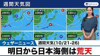 【週間天気(10/21-26)】明日から日本海側は荒天
