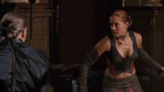 The man and woman fought, the woman was stabbed by a sword, the woman got a friend's help  and they