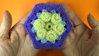 Шестигранный мотив с цветком Crochet flower motive   Урок вязания 372