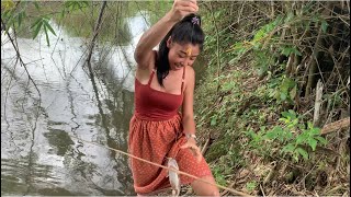 How to catch fish with bamboo in wild , and cook