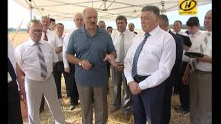 Александру Лукашенко демонстрируют новейший отечественный комбайн «Полесье – ГС16»