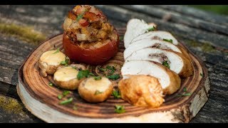 Подкопчённый рулет из курицы с двумя гарнирами | Лазерсон. Гриль
