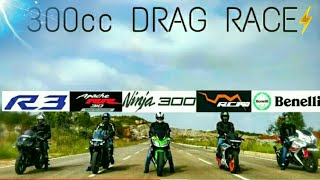 NINJA300 VS KTM RC390 VS YAMAHA R3 VS BENELLI 302R VS APACHE RR310|DRAG RACE| |HIGHWAY BATTLE|