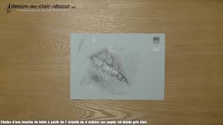 Etudes d'une bouche de bébé à partir de l' échelle de 4 valeurs sur papier mi-teinte gris clair.