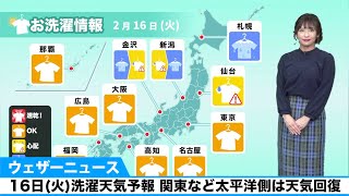 16日(火)洗濯天気予報 関東など太平洋側は天気回復