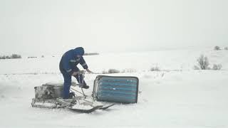 Самодельный снегоход, покатушки (глубокий сырой снег).