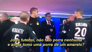 Neymar arguing with the ref about his yellow card