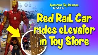 Red Rail Car rides an elevator! Toy store fun with Paw Patrol, Peppa Pig, Star Wars toys!