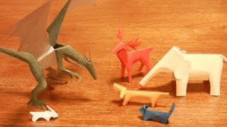 Dog, cat ,and dragon of Kiriorigami paper craft  ”Oblique crimp fold"