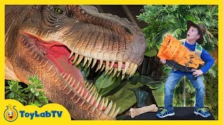 Giant T-Rex Life Size Dinosaur Chases Park Rangers with Nerf Toys at Jurassic Dinosaurs Event