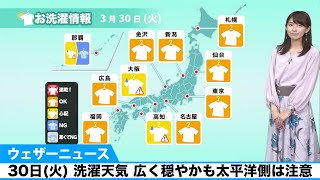 30日(火) 洗濯天気 広く穏やかも太平洋側は注意