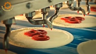 Amazing pizza production. Interesting work of automatic production line