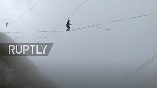 Swiss Highline Festival participants perform breathtaking tricks at height of 450 m