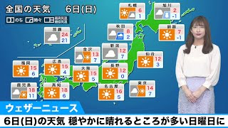 6日(日)の天気 東京など関東は天気回復／穏やかに晴れるところが多い日曜日に