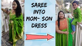 Pattu saree into Designer Mom-son dress//old saree into dress