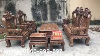 Siêu Phẩm Bộ Bàn Ghế Nghê 3 Đầu Gỗ Mun Đuôi Công Cột 12 hàng 6 món giá chỉ 35tr LH: 0865-999-597