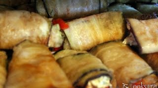 Баклажанные рулетики с сыром и помидорами