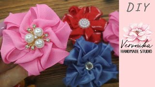 ?Заколки цветочки из репсовых лент 2,5 см МК Канзаши ? Hair clips of ribbon 2,5 cm ? Laço flor