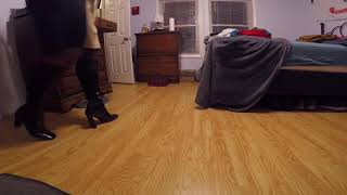 putting away laundry in black boots and jet black pantyhose