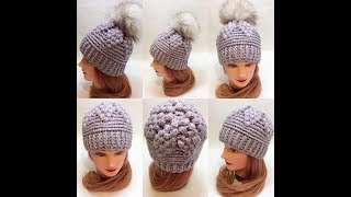 Шапочка крючком с макушкой из пышных столбиков/crochet cap
