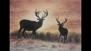 Как нарисовать акварельную живопись. Олени на закате. Реалистичный рисунок.