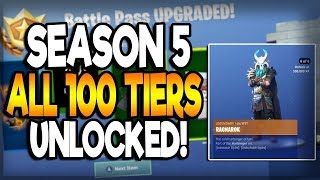 FORTNITE SEASON 5 BATTLE PASS COMPLETED! UNLOCKING ALL 100 TIERS! NEW RAGNAROK SKIN! 500 XP!!!
