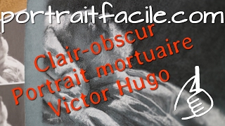 VICTOR HUGO , portrait mortuaire, clair-obscur, fusain sur Ingres bleu nuit