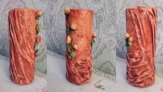 Ваза из пластиковой бутылки, декорированная тканью и сушеными розами