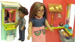 American Girl Doll Works At Big Fruit Stand Playset & Makes Food For Customers + Blind Bags
