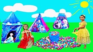DISNEY FROZEN CASTLE Kingdom Backyard Ballpit Real Life Belle vs Beauty Kids Videos Fun Activities