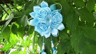 Очаровательная заколка "Голубая лагуна"/Канзаши/DIY/Tutorial