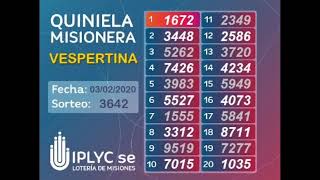 Sorteo 3642 de la Quiniela Vespertina, 3 de Febrero de 2020