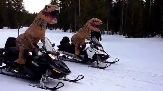 T-Rex Dinosaurs Racing Snowmobiles in Inflatable Costumes