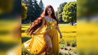 AI art! Happy girls in a beautiful yellow summer dress!