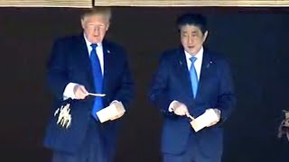 Trump throws box of fish food at koi pond with Japan's Abe