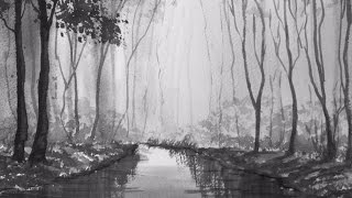Гризайль1- Рисуем лес и реку акварелью.  Grisaille- Woodland and river