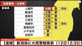 【速報】新潟県に大雨警報発表（12日12：35）