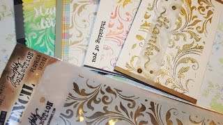 4 cards using one stencil by Tim Holtz and embossing paste