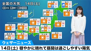 14日(土) 穏やかに晴れて昼間は過ごしやすい陽気